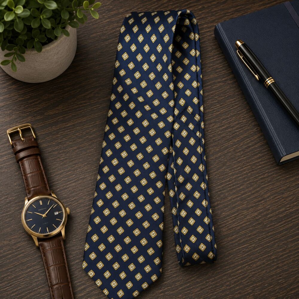 Roundtree & Yorke Blue and Gold Geometric Silk Tie (407)